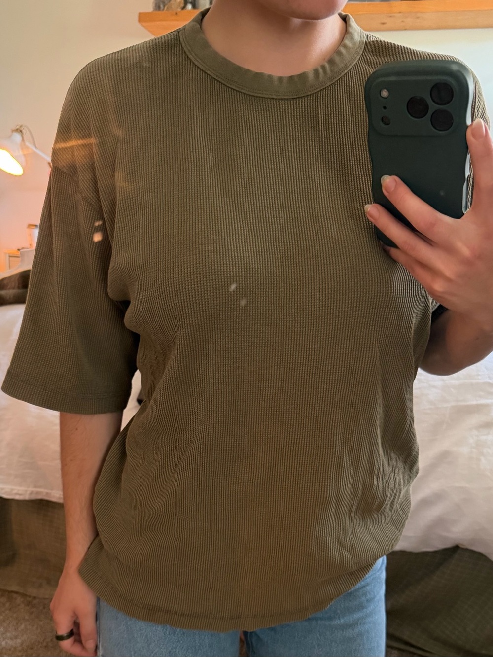 Relaxed Short-Sleeve Ribbed Top in Olive Green